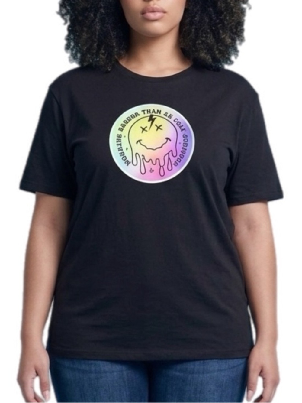 Black Short Sleeve Graphic Print T ‘Working Harder Than.. Rainbow Smile Face